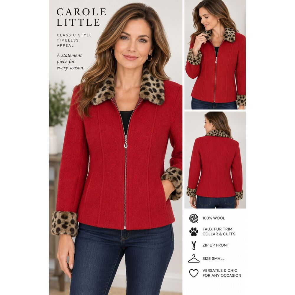 Vtg. Carole Little Women S Red 100% Wool Jacket Leopard Faux Fur Collar/Cuffs